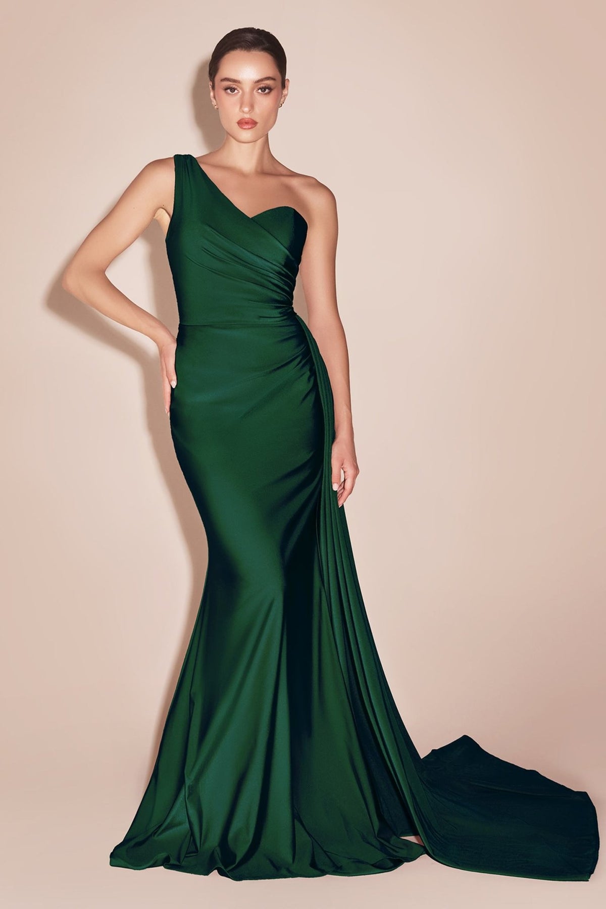 Lenora Long Chic One Shoulder Stretch Satin Side Sash Gown - Robbi & Angel
