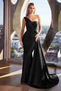 Lenora Long Chic One Shoulder Stretch Satin Side Sash Gown - Robbi & Angel
