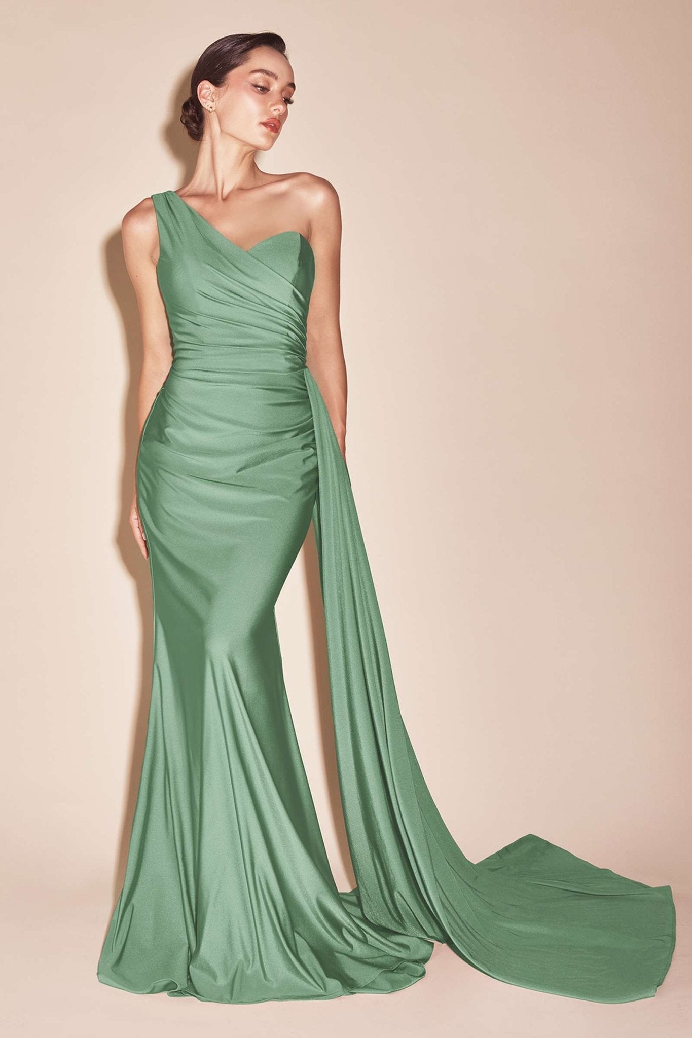 Lenora Long Chic One Shoulder Stretch Satin Side Sash Gown - Robbi & Angel