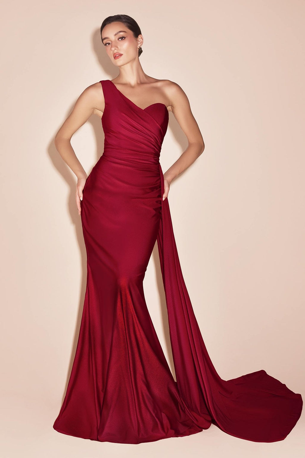 Lenora Long Chic One Shoulder Stretch Satin Side Sash Gown - Robbi & Angel