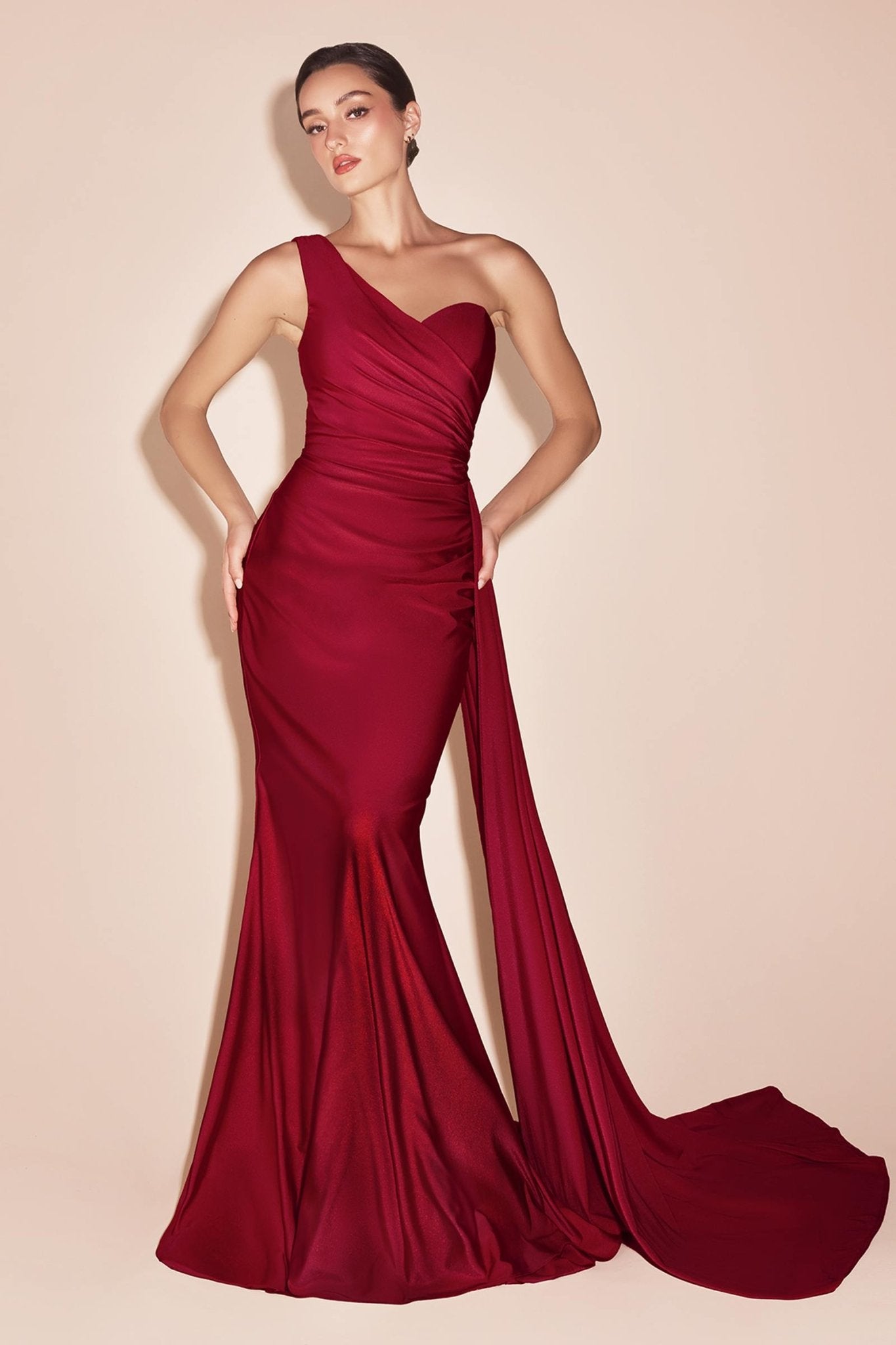 Lenora Long Chic One Shoulder Stretch Satin Side Sash Gown - Robbi & Angel