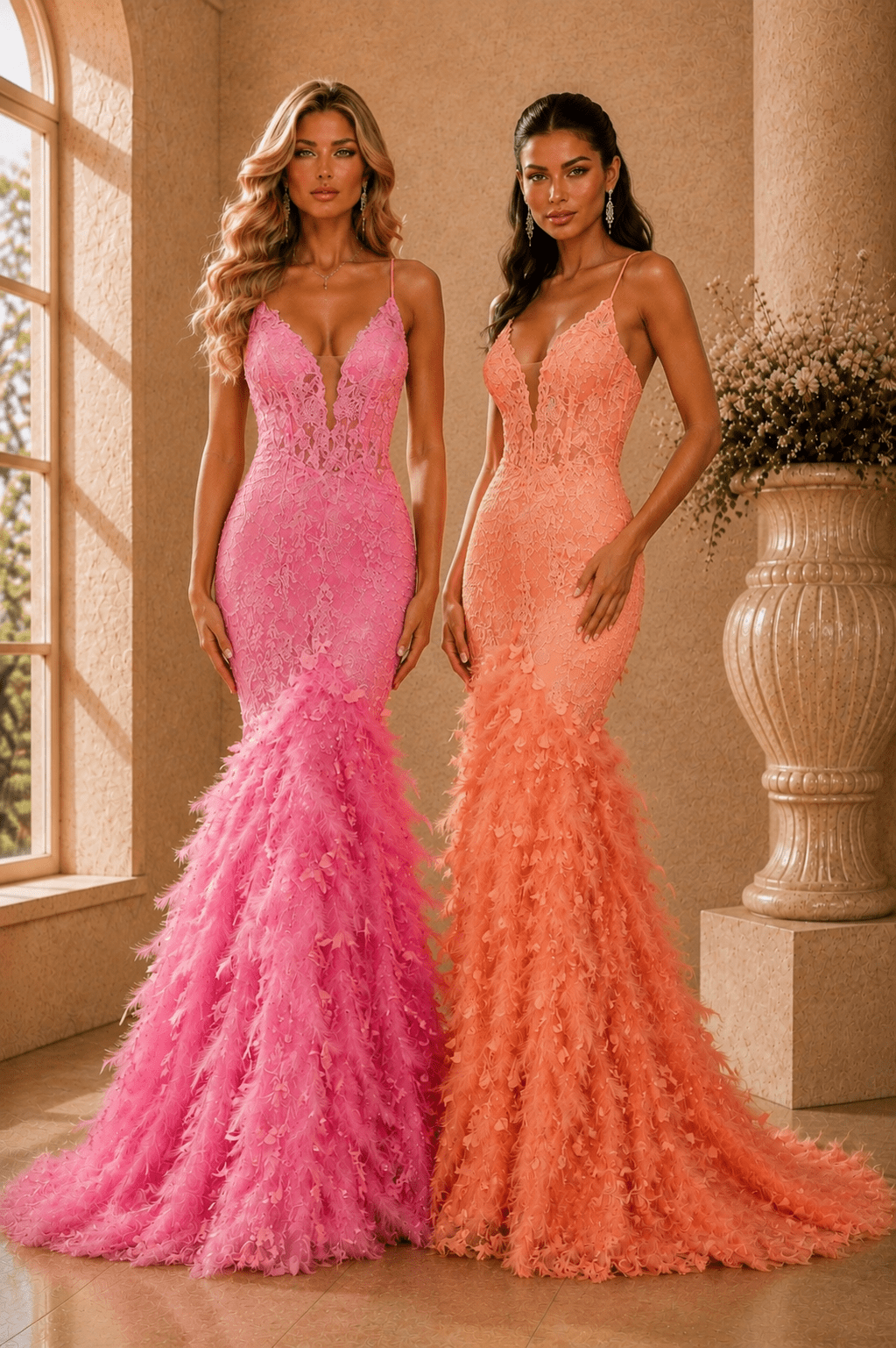 Leo Floor Length Feathered Mermaid Gown - Robbi & Angel