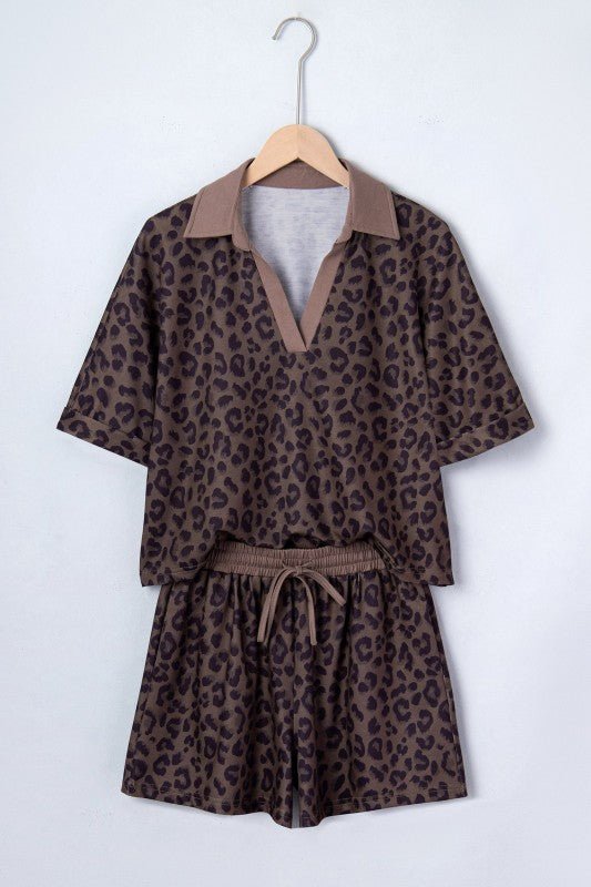 Leopard Collared V - Neck Top & Shorts Set - Robbi & Angel