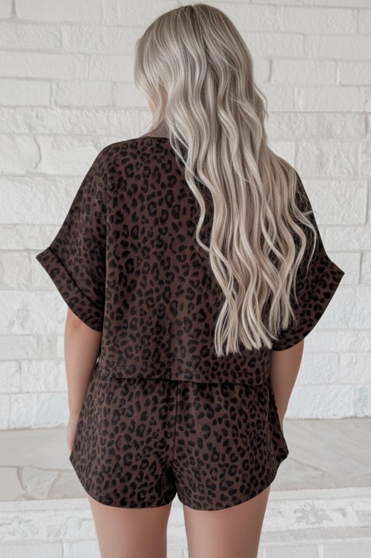 Leopard Collared V - Neck Top & Shorts Set - Robbi & Angel