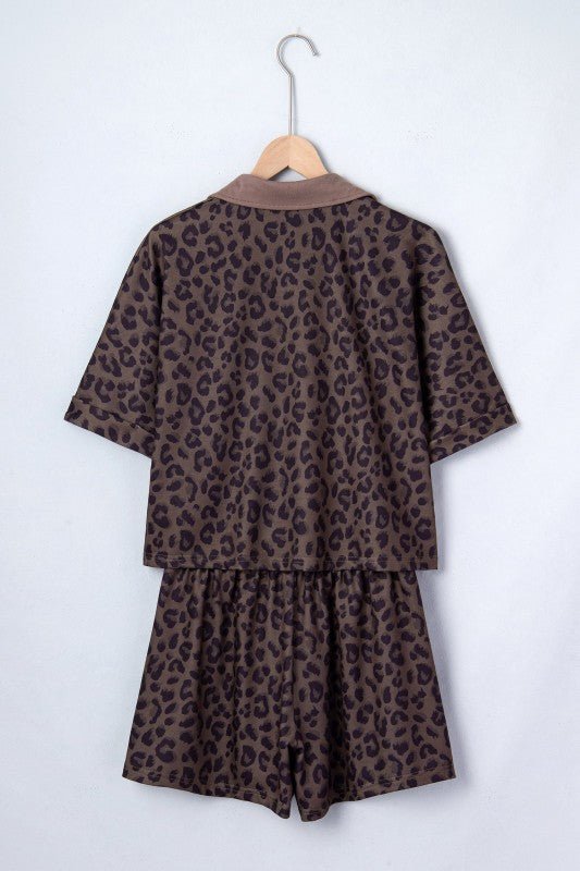Leopard Collared V - Neck Top & Shorts Set - Robbi & Angel