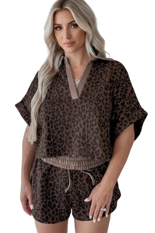 Leopard Collared V - Neck Top & Shorts Set - Robbi & Angel