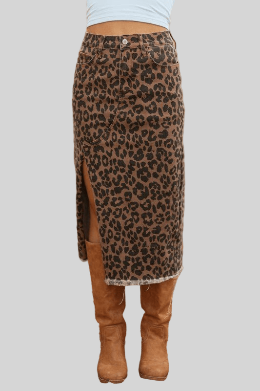 Leopard Denim Frayed Hem Midi Skirt - Robbi & Angel