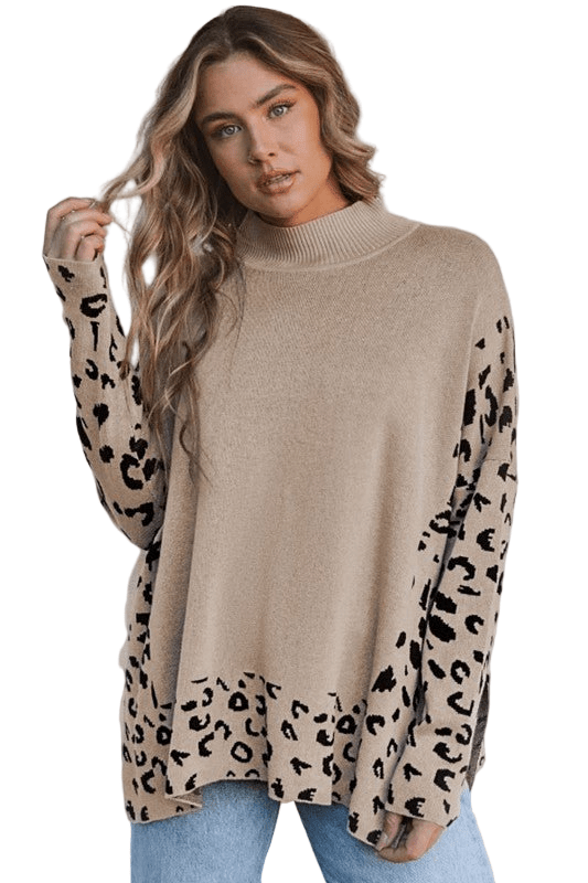 Leopard Mock Neck Side Slit Sweater - Robbi & Angel