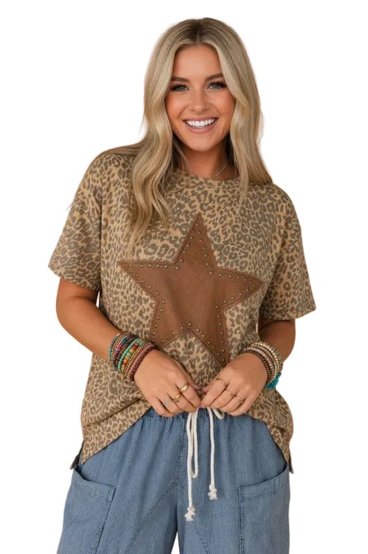 Leopard Retro Star Studded Short Sleeve Tee - Robbi & Angel