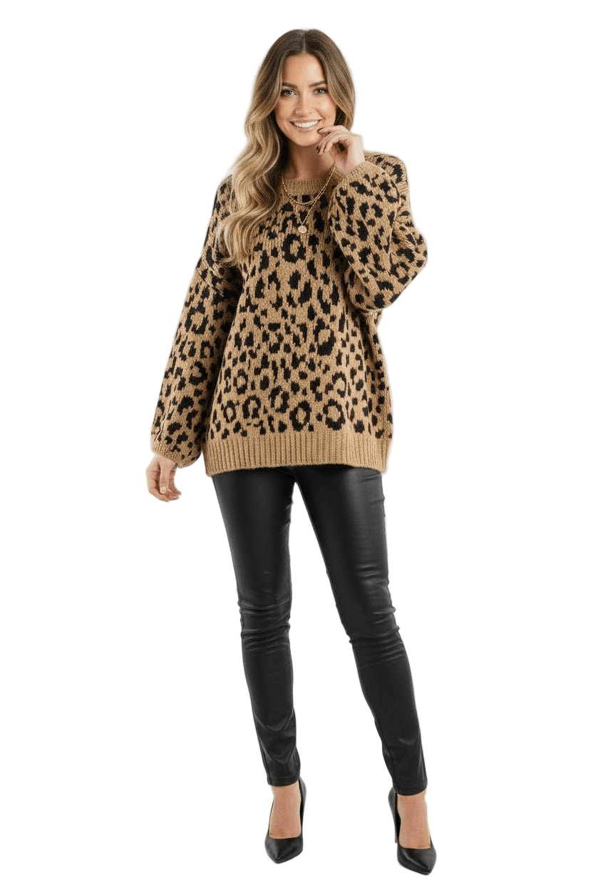 Leopard Ribbed Trim Crewneck Drop Shoulder Sweater - Robbi & Angel