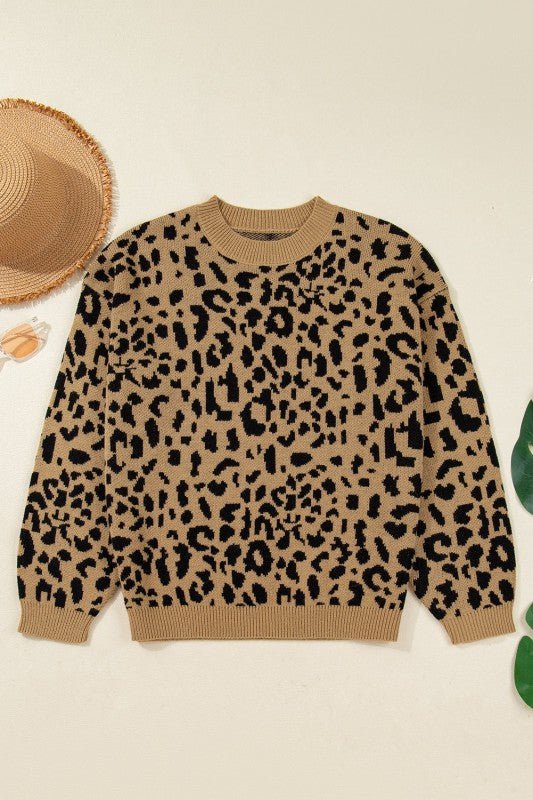 Leopard Ribbed Trim Crewneck Drop Shoulder Sweater - Robbi & Angel