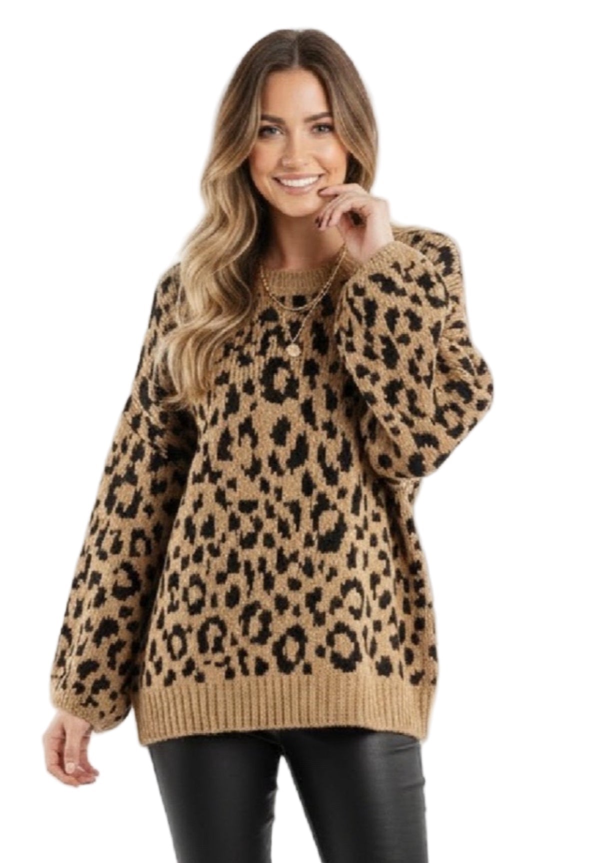 Leopard Ribbed Trim Crewneck Drop Shoulder Sweater - Robbi & Angel