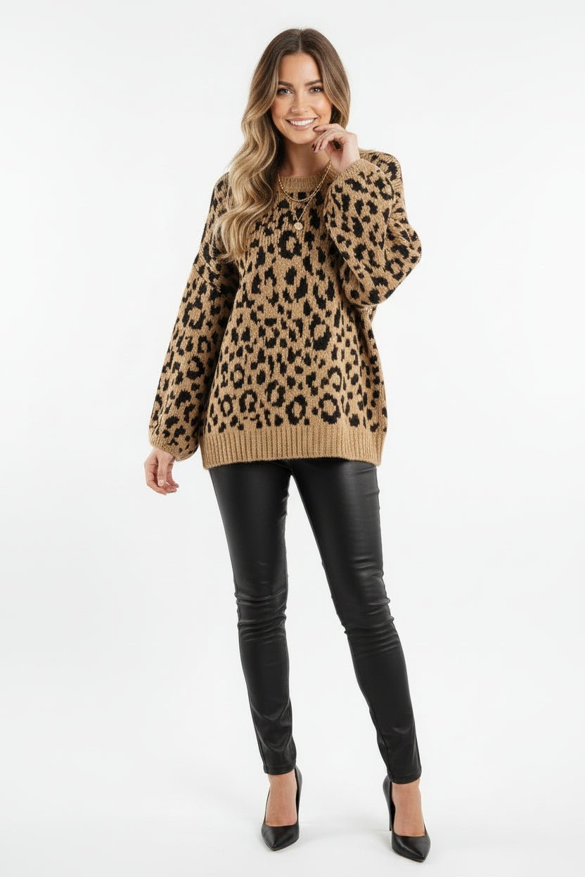 Leopard Ribbed Trim Crewneck Drop Shoulder Sweater - Robbi & Angel