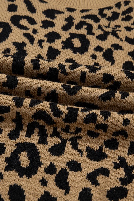 Leopard Ribbed Trim Crewneck Drop Shoulder Sweater - Robbi & Angel
