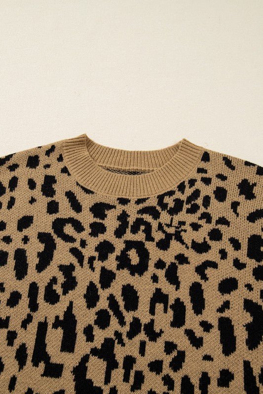 Leopard Ribbed Trim Crewneck Drop Shoulder Sweater - Robbi & Angel