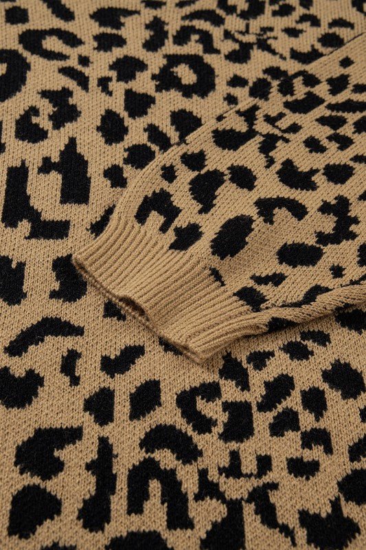 Leopard Ribbed Trim Crewneck Drop Shoulder Sweater - Robbi & Angel