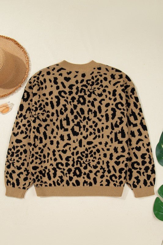 Leopard Ribbed Trim Crewneck Drop Shoulder Sweater - Robbi & Angel