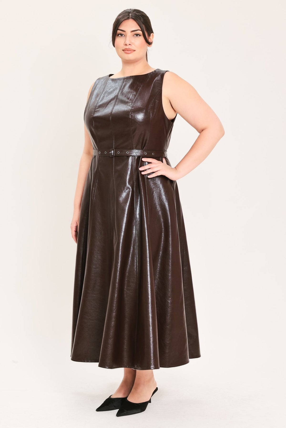 Lexi Dark Truffle Faux Leather Midi Dress - Robbi & Angel