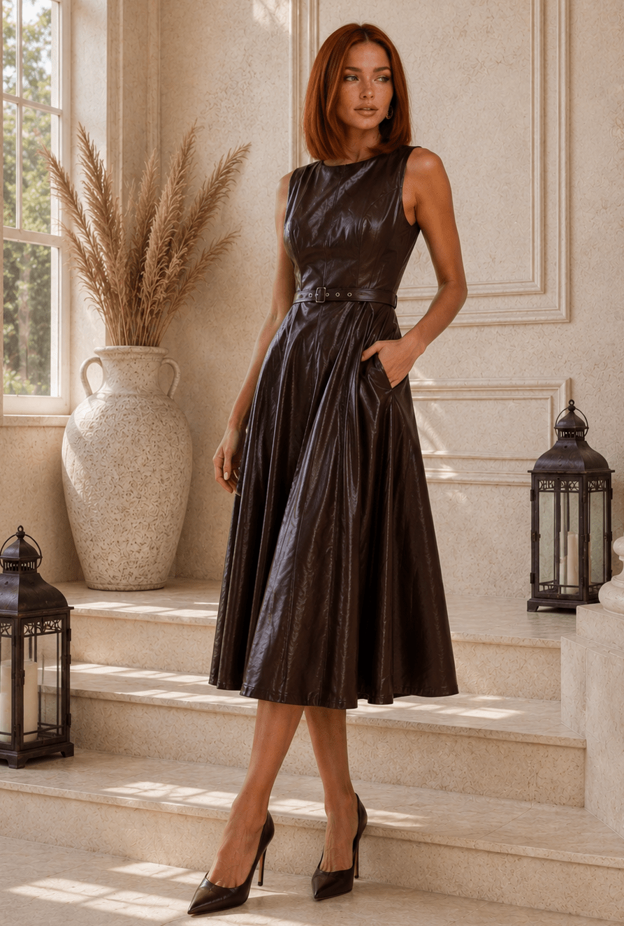Lexi Dark Truffle Faux Leather Midi Dress - Robbi & Angel