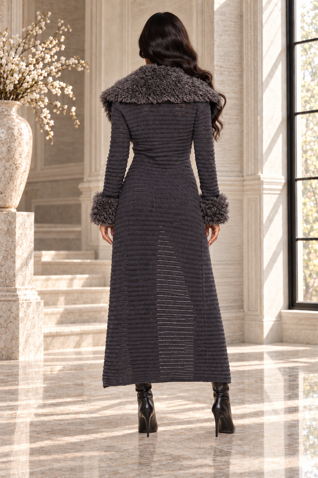 Zephyra Midi Long Sleeve Fur Cardigan