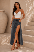 Liza Slit Buttoned Denim Skirt with Pockets