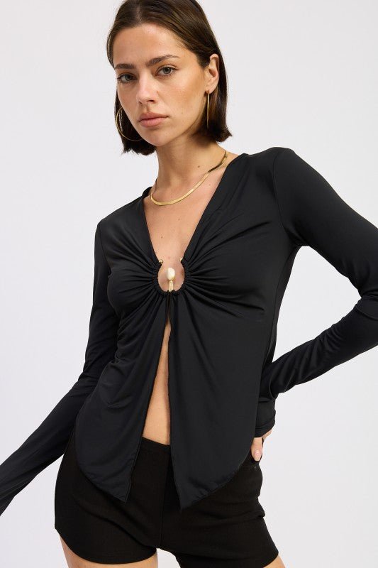 LONG SLEEVE FRONT RING RUCHED TOP - Robbi & Angel