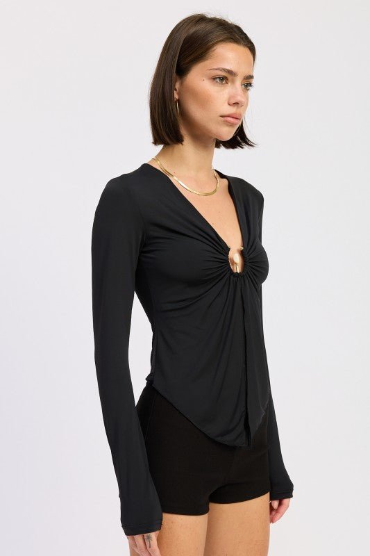 LONG SLEEVE FRONT RING RUCHED TOP - Robbi & Angel