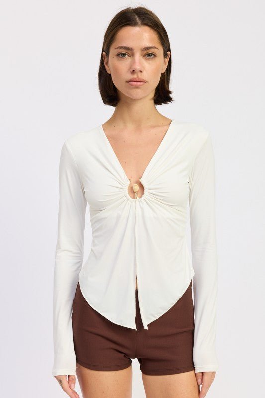 LONG SLEEVE FRONT RING RUCHED TOP - Robbi & Angel