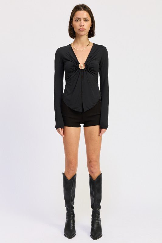 LONG SLEEVE FRONT RING RUCHED TOP - Robbi & Angel