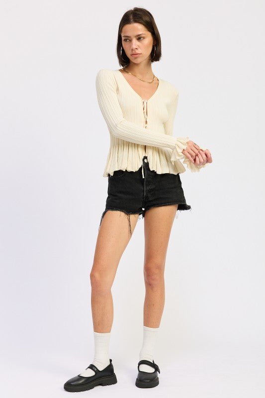 LONG SLEEVE RIBBED RUFFLE TOP - Robbi & Angel