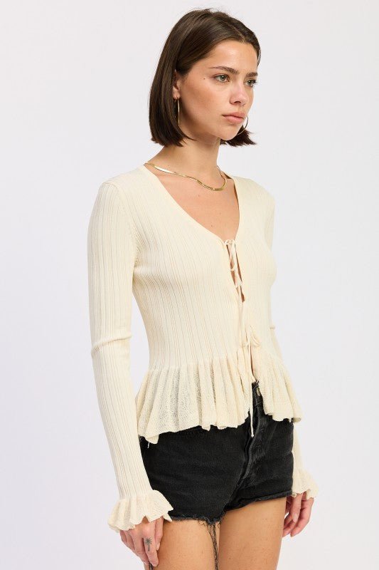 LONG SLEEVE RIBBED RUFFLE TOP - Robbi & Angel