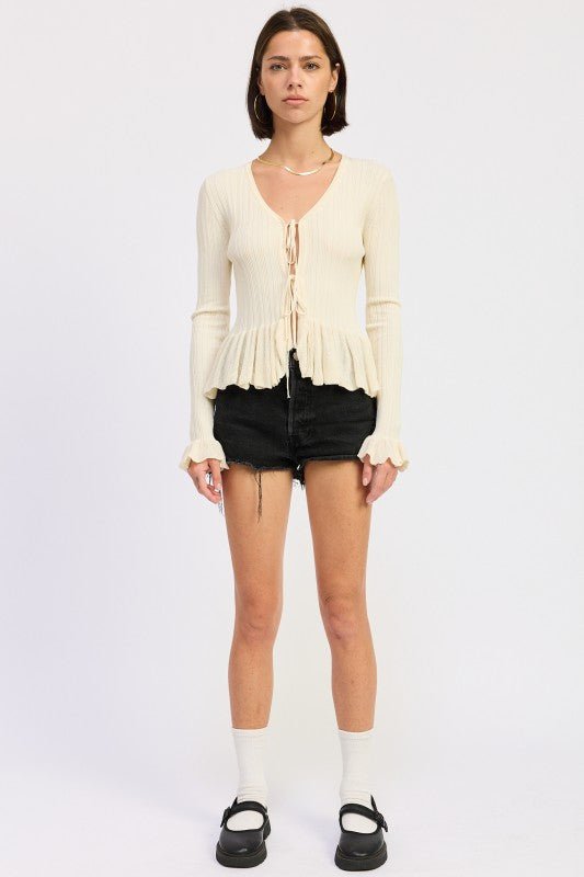 LONG SLEEVE RIBBED RUFFLE TOP - Robbi & Angel