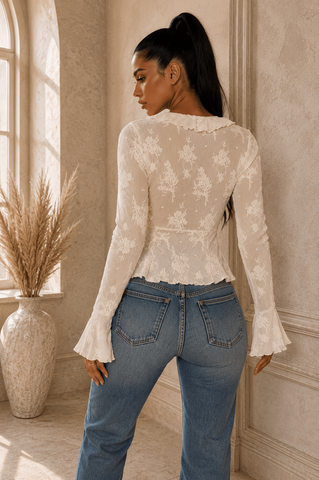Lora Ruffled Tie Front Flare Sleeve Blouse - Robbi & Angel