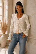 Lora Ruffled Tie Front Flare Sleeve Blouse - Robbi & Angel