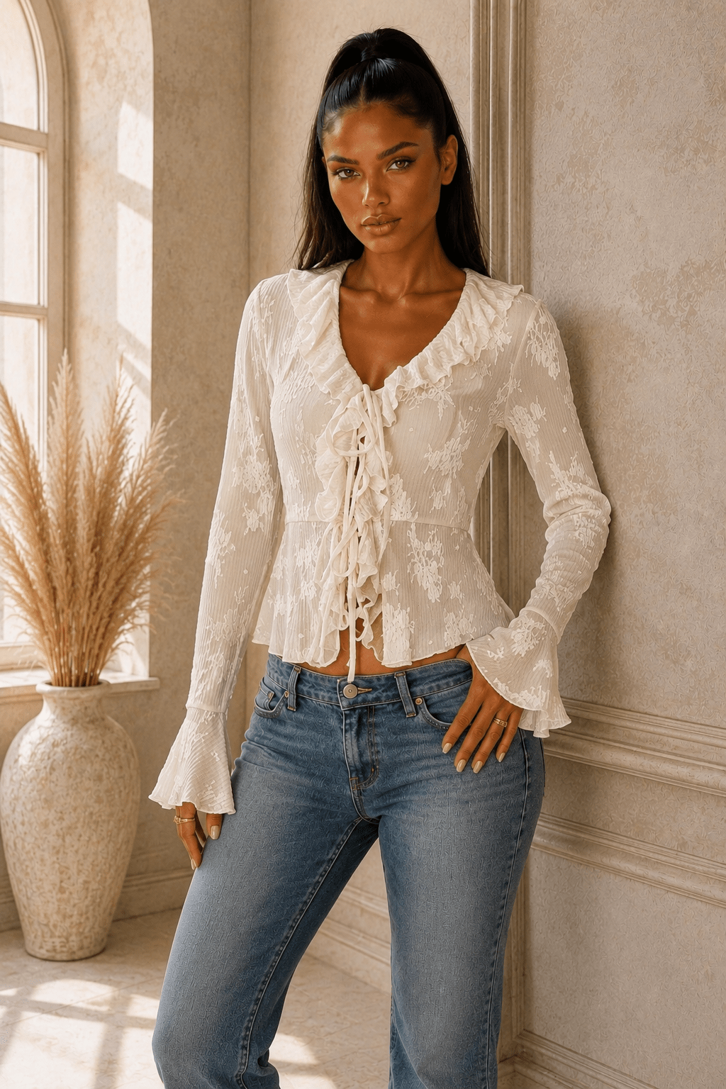 Lora Ruffled Tie Front Flare Sleeve Blouse - Robbi & Angel