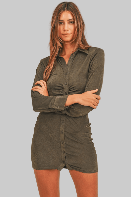 MABLE Front Ruched Button - Down Skinny Mini Shirt Dress - Robbi & Angel