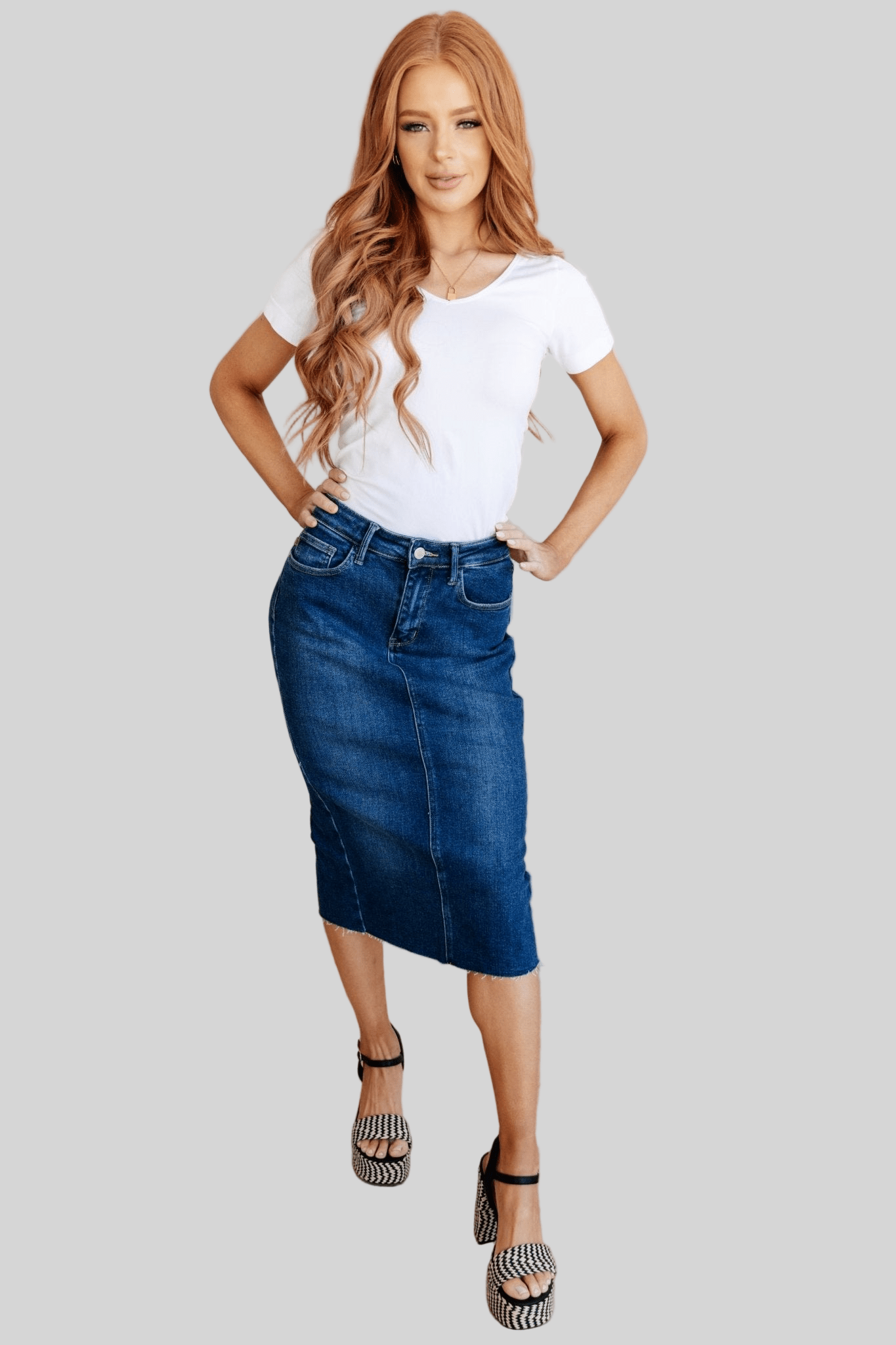 Marcy High Rise Denim Midi Skirt - Robbi & Angel