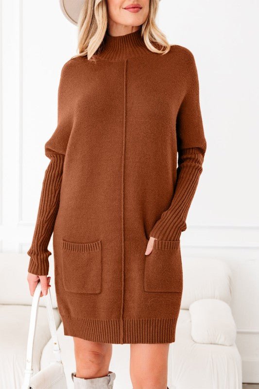 Mia Center Seam Shift Long Sleeve Mid Length Sweater Dress With Pockets - Robbi & Angel
