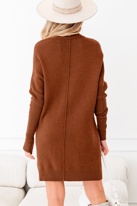 Mia Center Seam Shift Long Sleeve Mid Length Sweater Dress With Pockets - Robbi & Angel
