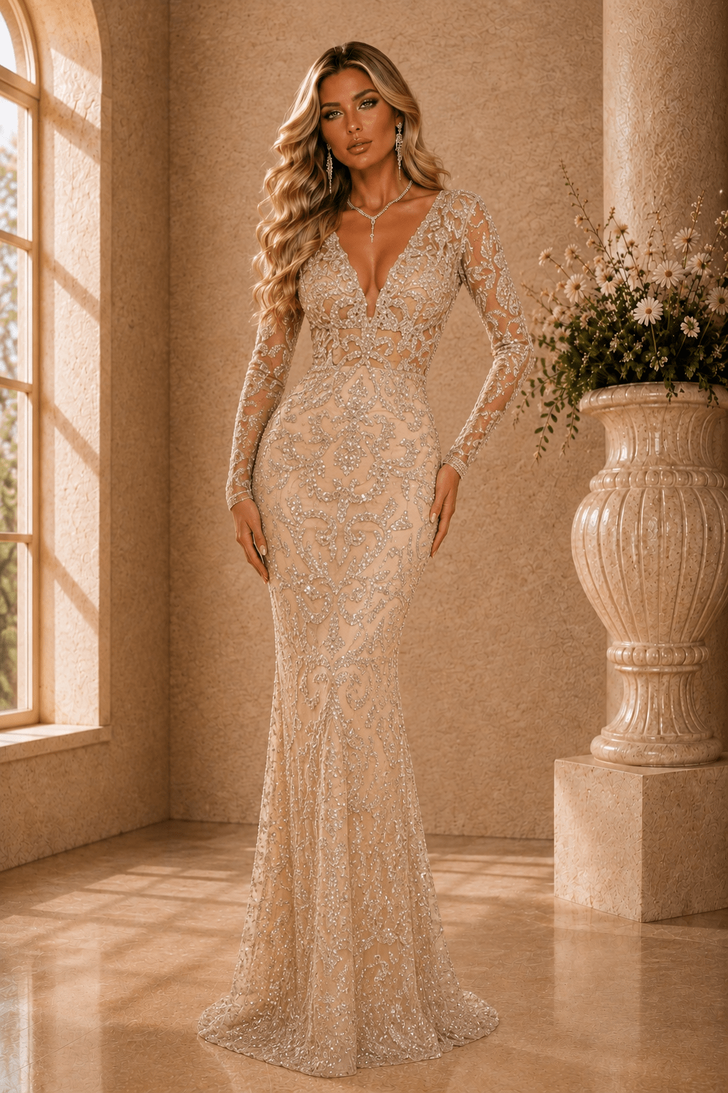 Mia Mesh & Beads Long Sleeve Gown - Robbi & Angel