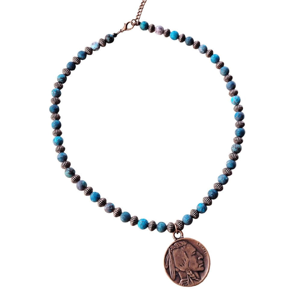 Nadine Natural American Turquoise Beaded Collar Necklace w/ Indian Head Pendant - Robbi & Angel