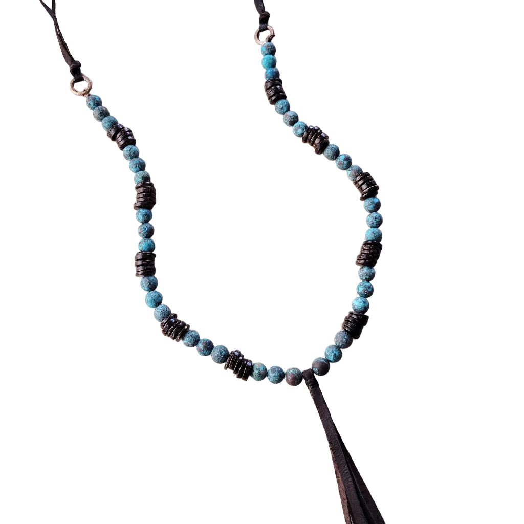 Nia Natural American Turquoise Necklace w/ Wood Beads & Tassel - Robbi & Angel