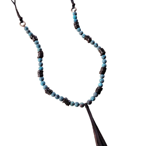 Nia Natural American Turquoise Necklace w/ Wood Beads & Tassel - Robbi & Angel