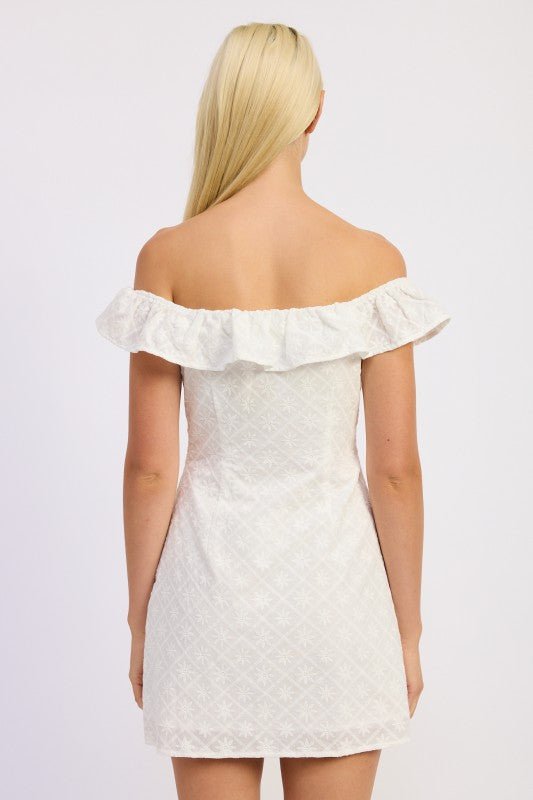 OFF SHOULDER EMBROIDERED MINI DRESS - Robbi & Angel