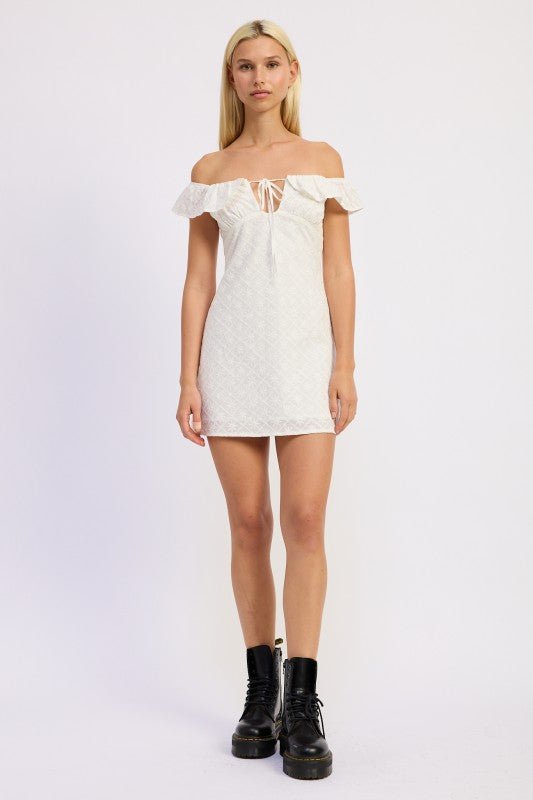 OFF SHOULDER EMBROIDERED MINI DRESS - Robbi & Angel