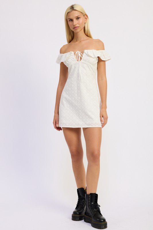 OFF SHOULDER EMBROIDERED MINI DRESS - Robbi & Angel