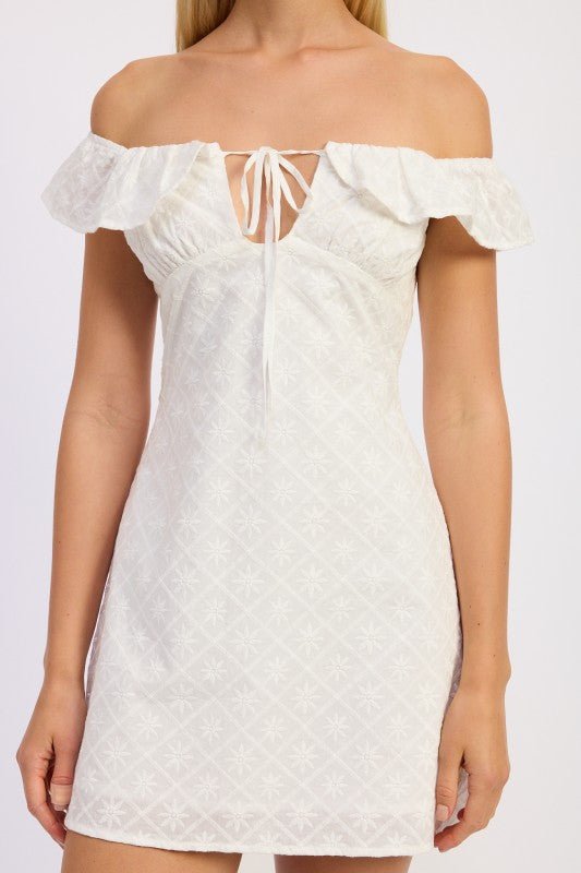 OFF SHOULDER EMBROIDERED MINI DRESS - Robbi & Angel