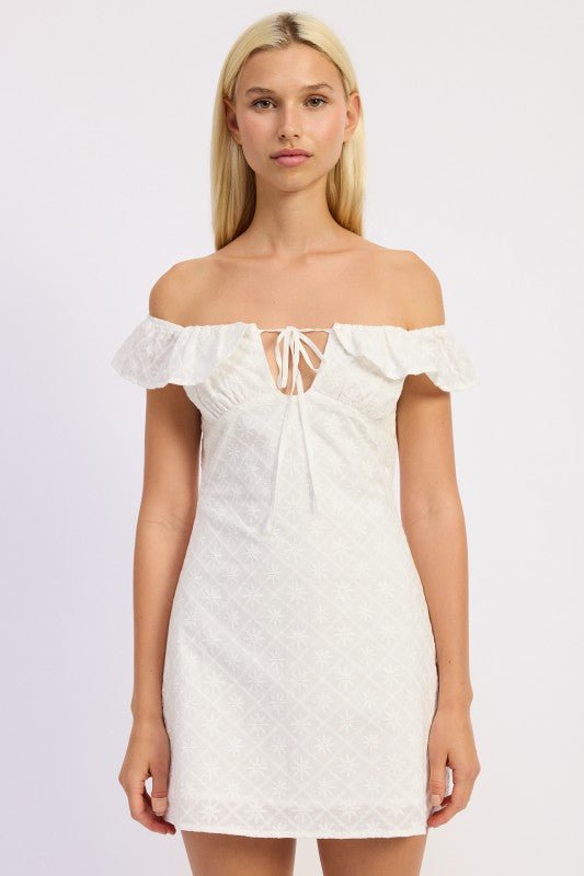 OFF SHOULDER EMBROIDERED MINI DRESS - Robbi & Angel
