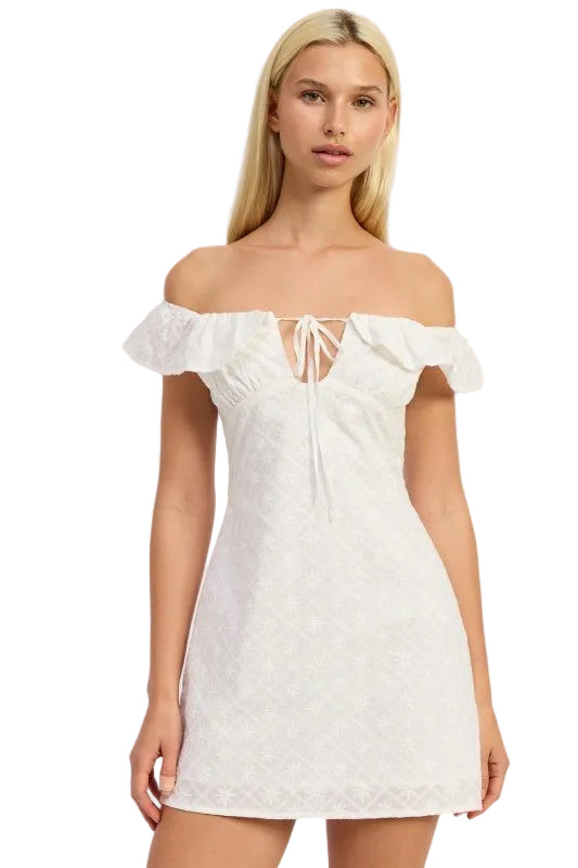 OFF SHOULDER EMBROIDERED MINI DRESS - Robbi & Angel
