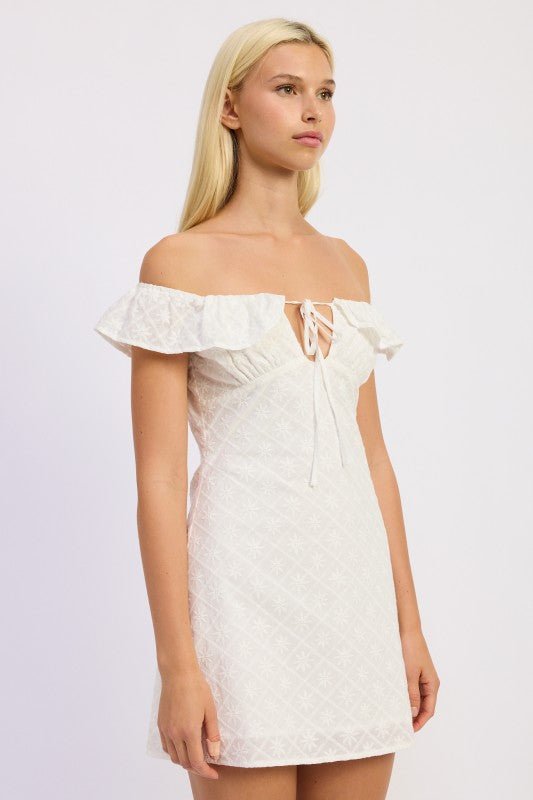 OFF SHOULDER EMBROIDERED MINI DRESS - Robbi & Angel
